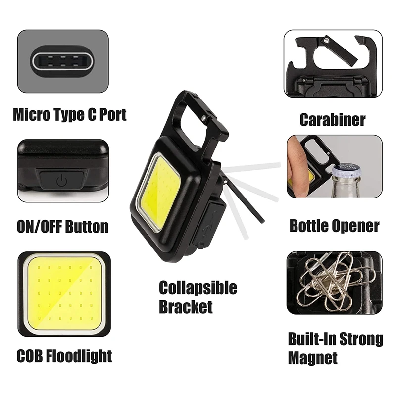 COB Flashlight,500Lumen Bright Rechargeable Keychain Mini Flashlight 3 Light Mode With Bottle Opener For Fishing,Camping