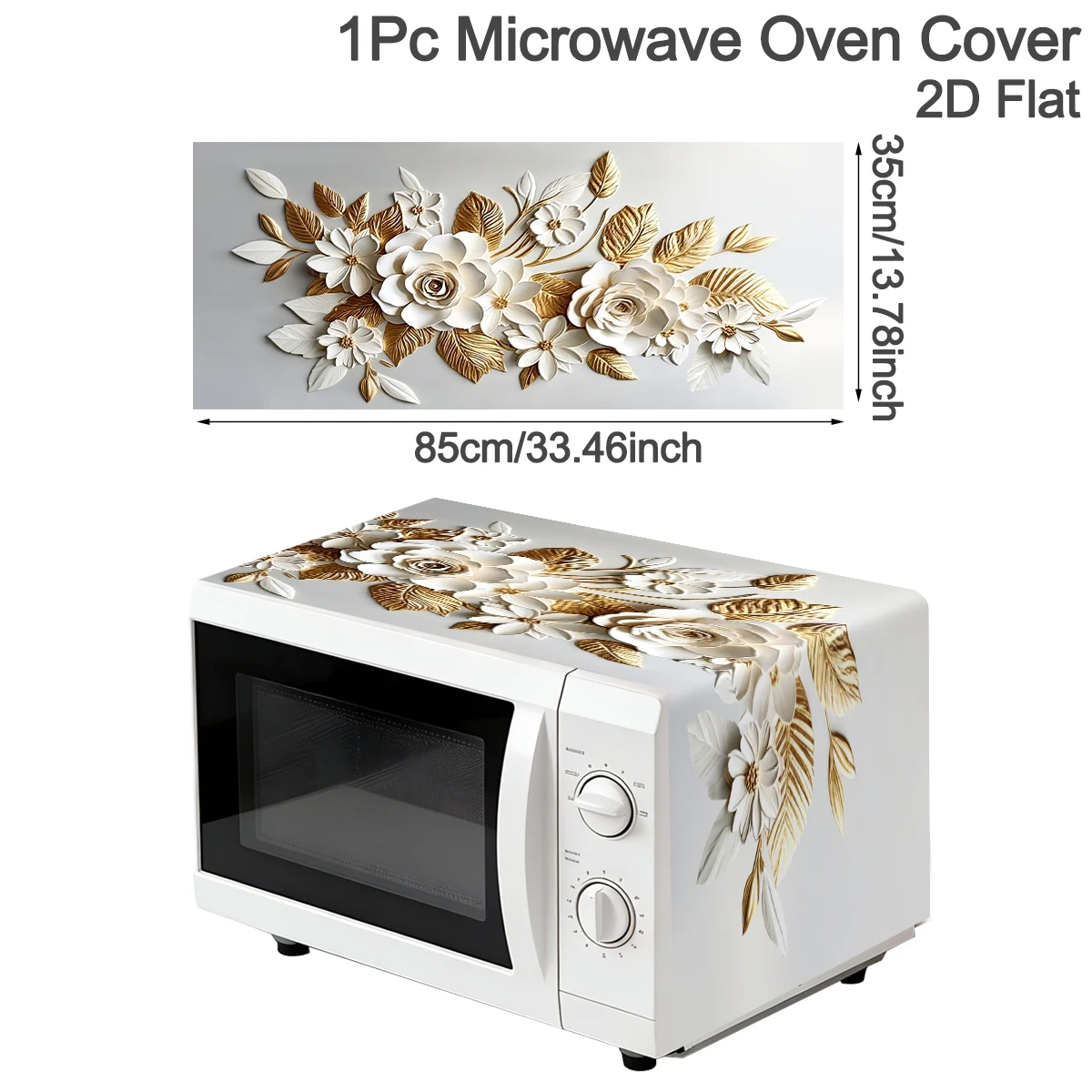 35x85cm Microwave Dust Cover White Golden Floral Design Polyester Oven Dust Cover Reusable Decorative Home Kitchen Decoration