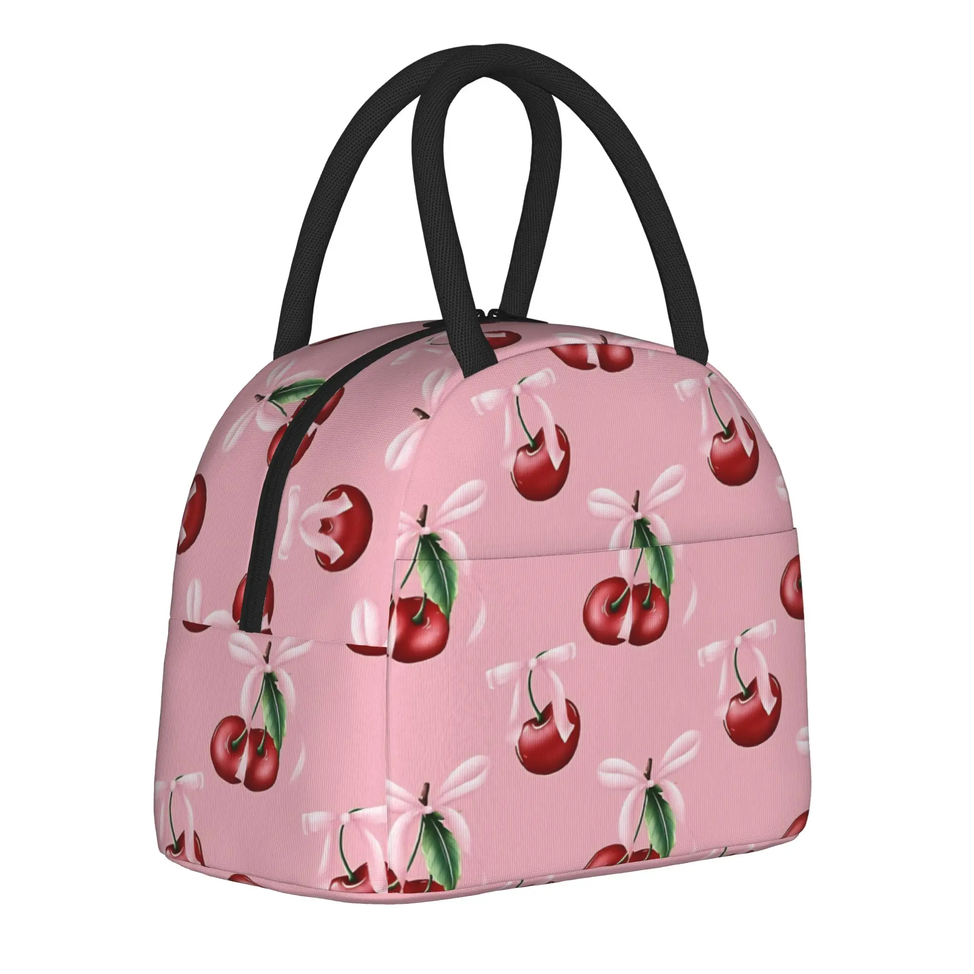 Coquette aesthetic pink  Insulated Lunch Bag Cooler Bag Reusable,Lunch Container Pink Bow Cherry High Capacity Tote Lunch Box
