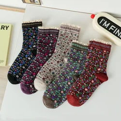 5 Pair Autumn Winter Lace Women Socks Cute Small Flower Middle Tube Long Socks College Fashion Korean Style Streetwear