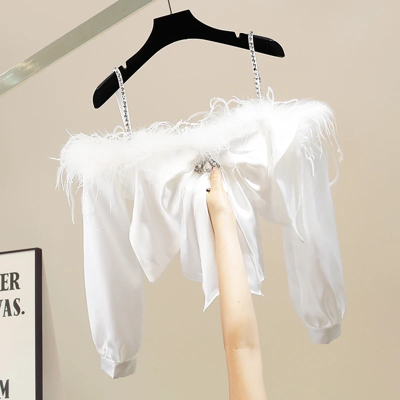 

Ele ort- Sve Diamond- Embellied oulder Baring irt for Women Chic Commute Sle Long Sve One- oulder Design