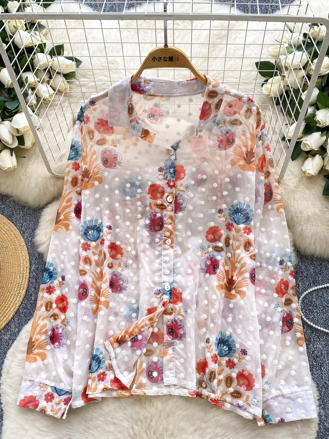 

Summer Thin Chiffon Long Sve irt Women Commute Light Maturi Slim Casual Heavy Print Embroidery Single Button Blouse