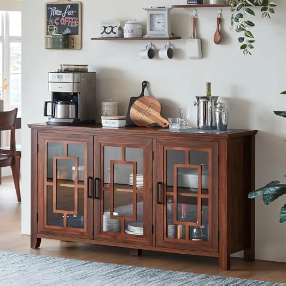 Large Sideboard Buffet Cabinet with Storage, 55 Farmhouse Brown Kitchen Coffee Wine Bar Cabinet with 4 Glass Doors, Wood Mid Cen