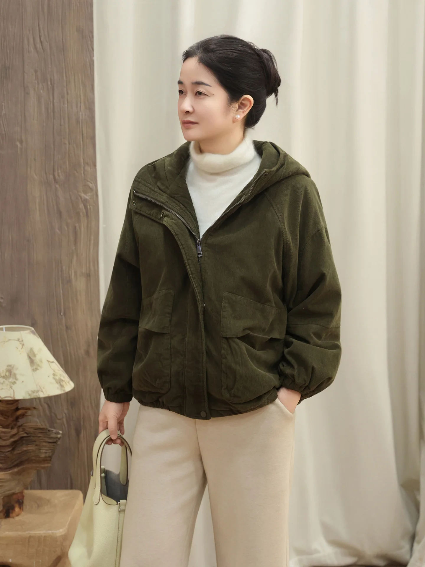 

Women's Loose Fit Cotton Jaet with Hood Vertical Stripes Winter Coat Retro Sle Comfortable Warm Zipper Closure Long Sve