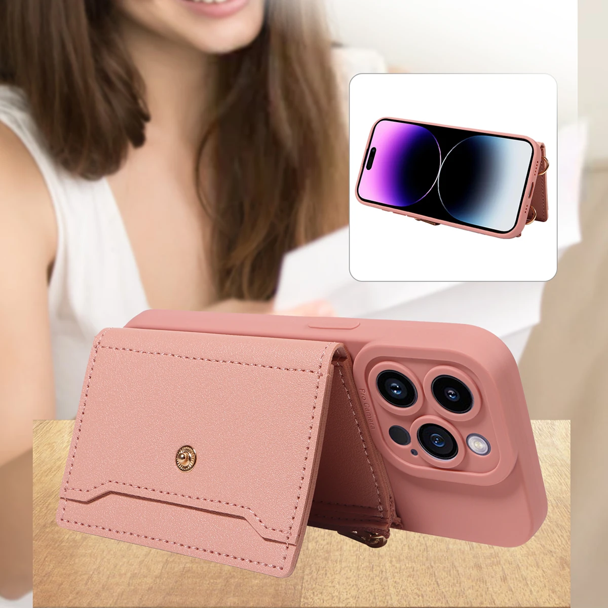 Kunstleder-Handyhülle für IPhone16promax 15 14 13 12 11Plus Mini 7 8plus XSMAX XR Crossbody Anti-Drop mit Spiegel-Geldbörsen-Abdeckung – Detail 13