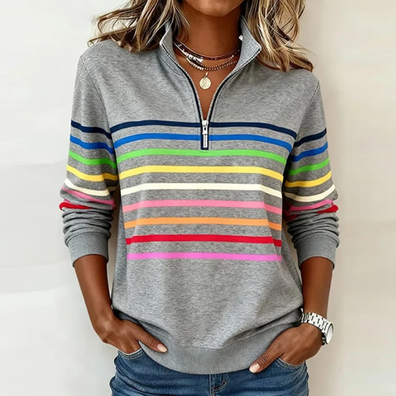Nieuwe herfst winter gestreepte regenboog bedrukte sweatshirt dames casual lange mouw rits blouse damesmode trui shirt