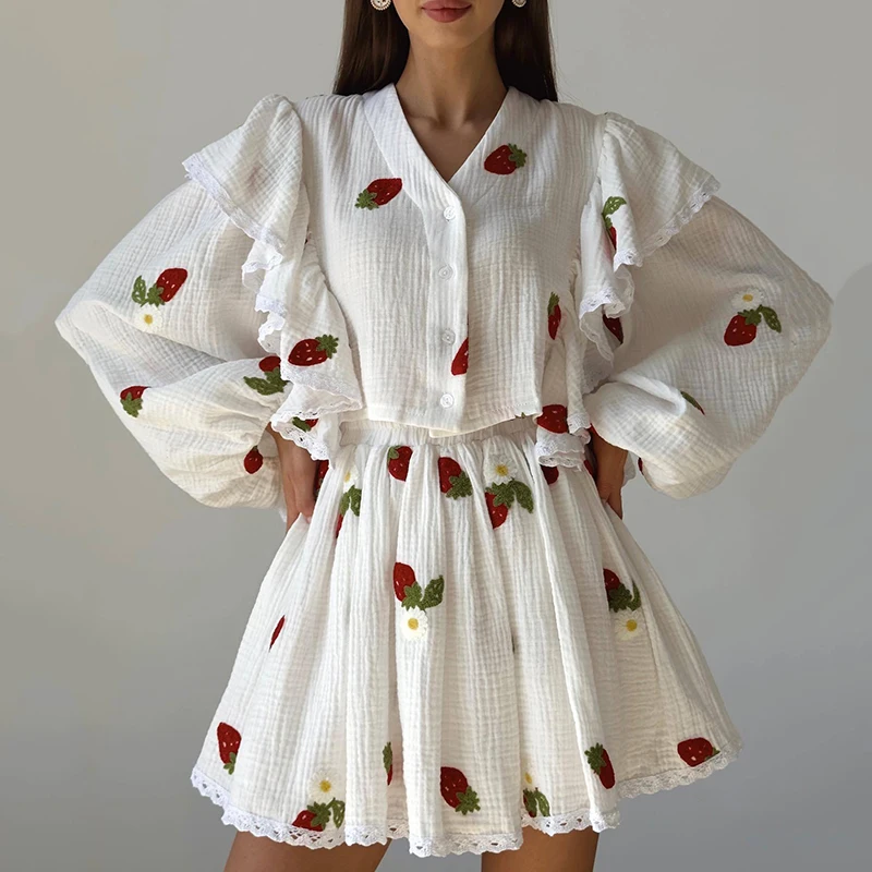 Women Dress Suit 2023 Spring Summer New Print Long Sleeve Ruffle Design Top And Elastric Waist Skirt Two Piece Sets Fashion Suit