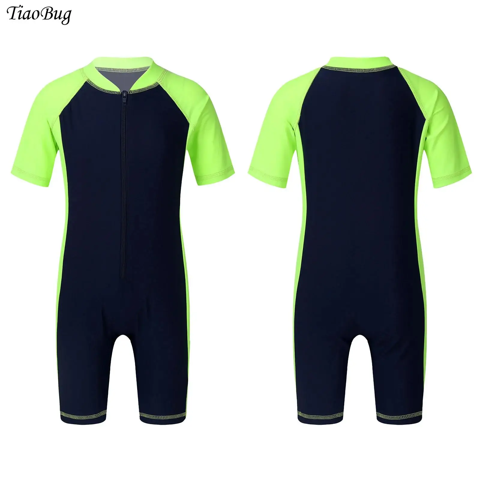 

Kids One-piece Swimsuit Wetsuit for Boys Girls Children Short Sleeves Zippered Shorty Swimwear Rash Guard Beachwear Bathing Suit