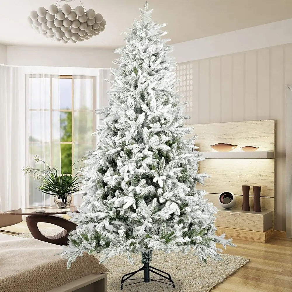 Snow Flocked Christmas Tree 7ft Artificial Hinged Pine Tree with White Realistic Tips Unlit Christmas  Christmas Tree