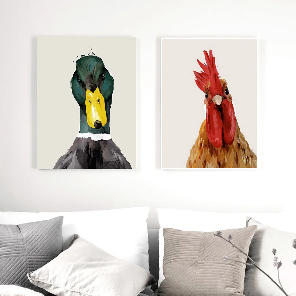 Quirky Duck Chicken Wall Art Prints Farmhouse Kitchen Animal Art Poster Modern Duck Wildlife Art Painting Home Decor No Frame