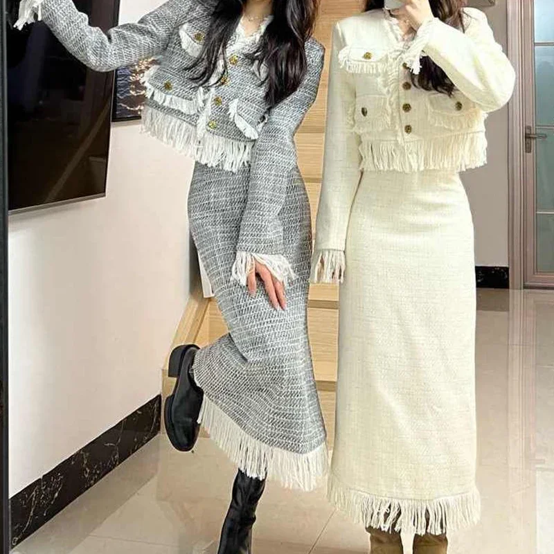 

French celebrity fragrance two-piece women's autumn and winter new high-quality temperament fringed college wind coat skirt