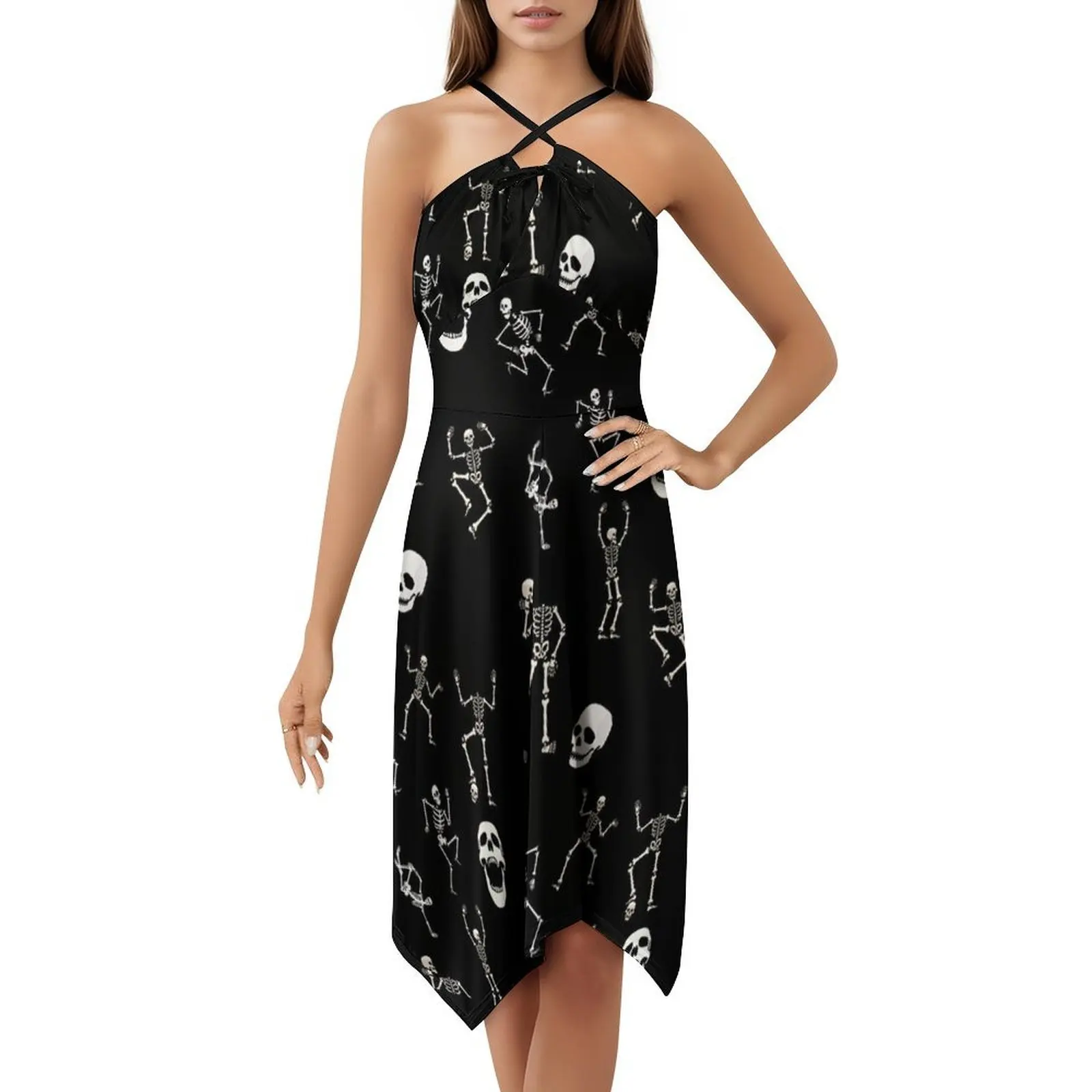 Skeletten over Halloween Sweetheart Hals Jurk Elegante Zomer Feestjurk Voor Vrouwen Halloween Grappig Spooky Horror Schattig