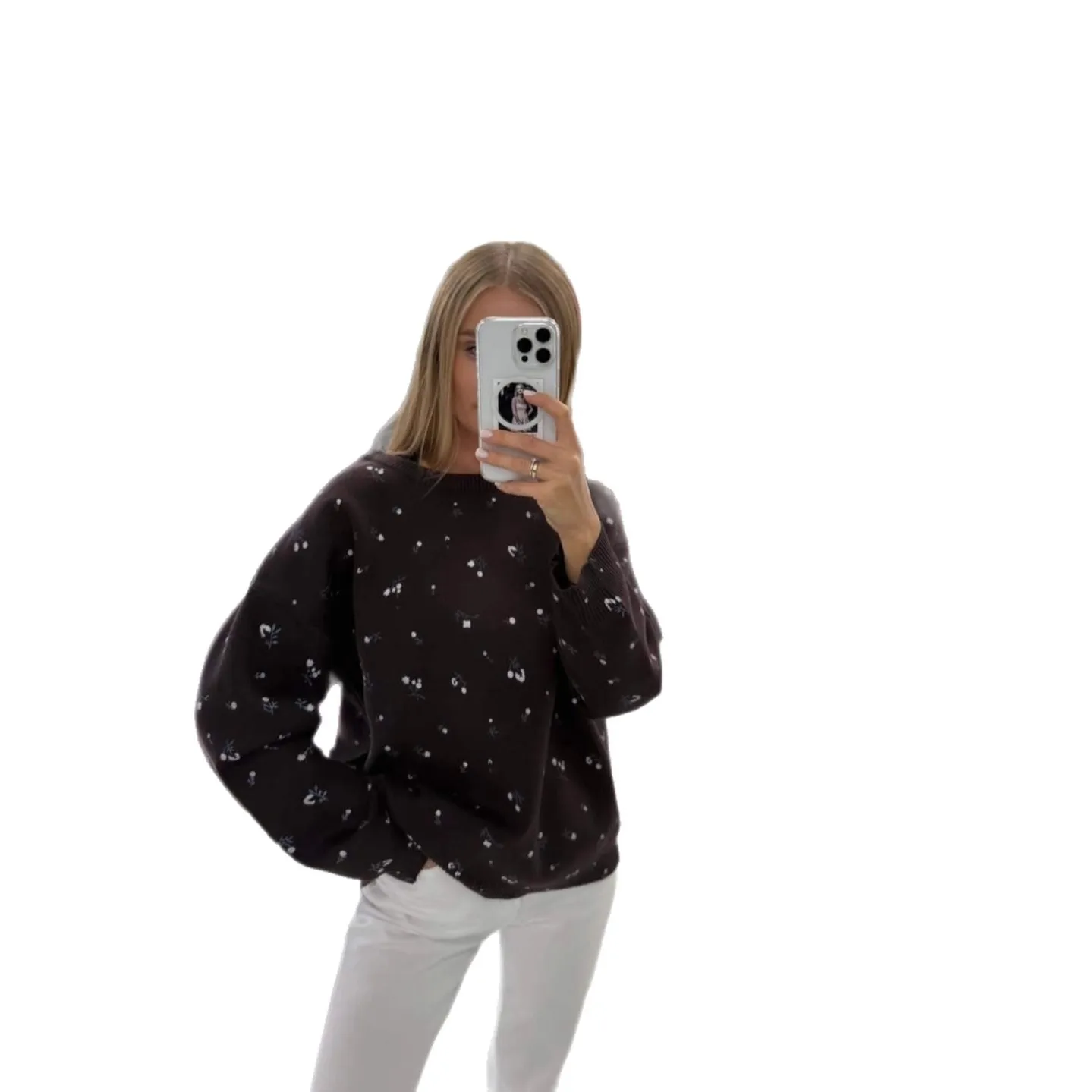 Suéter pulôver feminino com gola redonda, camada interna de outono e inverno, solto, casual, versátil, pequeno, floral, malhas de manga comprida