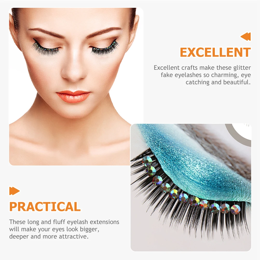 

10 Pairs Eyelashes Black Glitter Hard Stem Diamond Rhinestone Women Lashes For Party Eyelash Club Prom Stage
