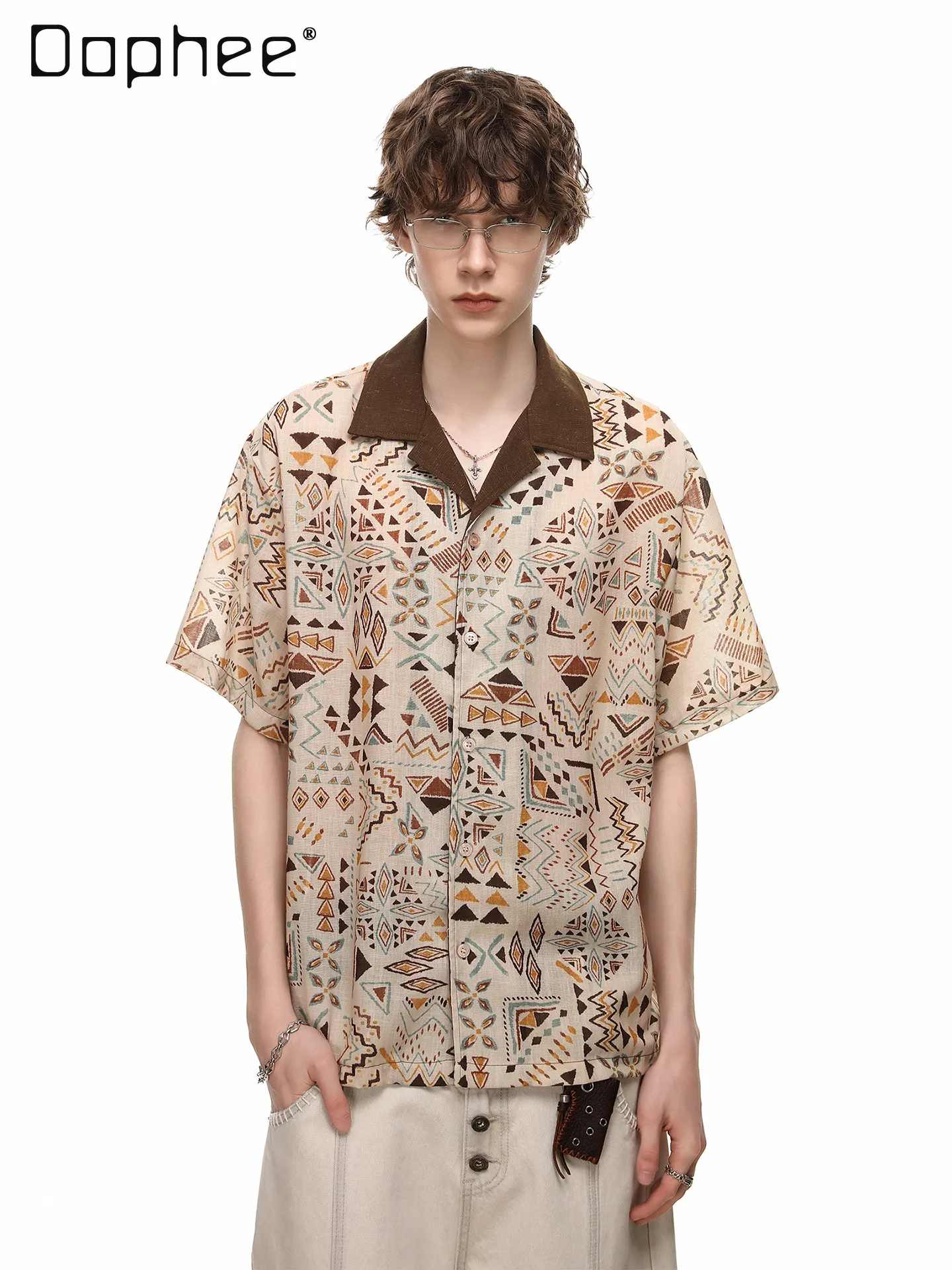 

Summer New Men's Retro Ethnic Geometric Print Short Sleeve Blue Shirt Casual Loose Contrast Collar Button Down Apricot Blouse