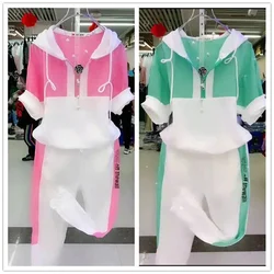 Vintage Color Matching Summer Fashion Thin Short-Sleeved Hooded Sweatershirt Suit Women's Sports And Leisure Two-Piece Trend