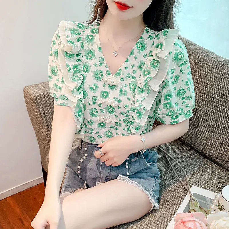 2023 New Summer Temperament Ruffles V-neck Puff Sleeve Blouse Femme Korean Printing Shirts Women Clothes Sweet Pullover Top Tee