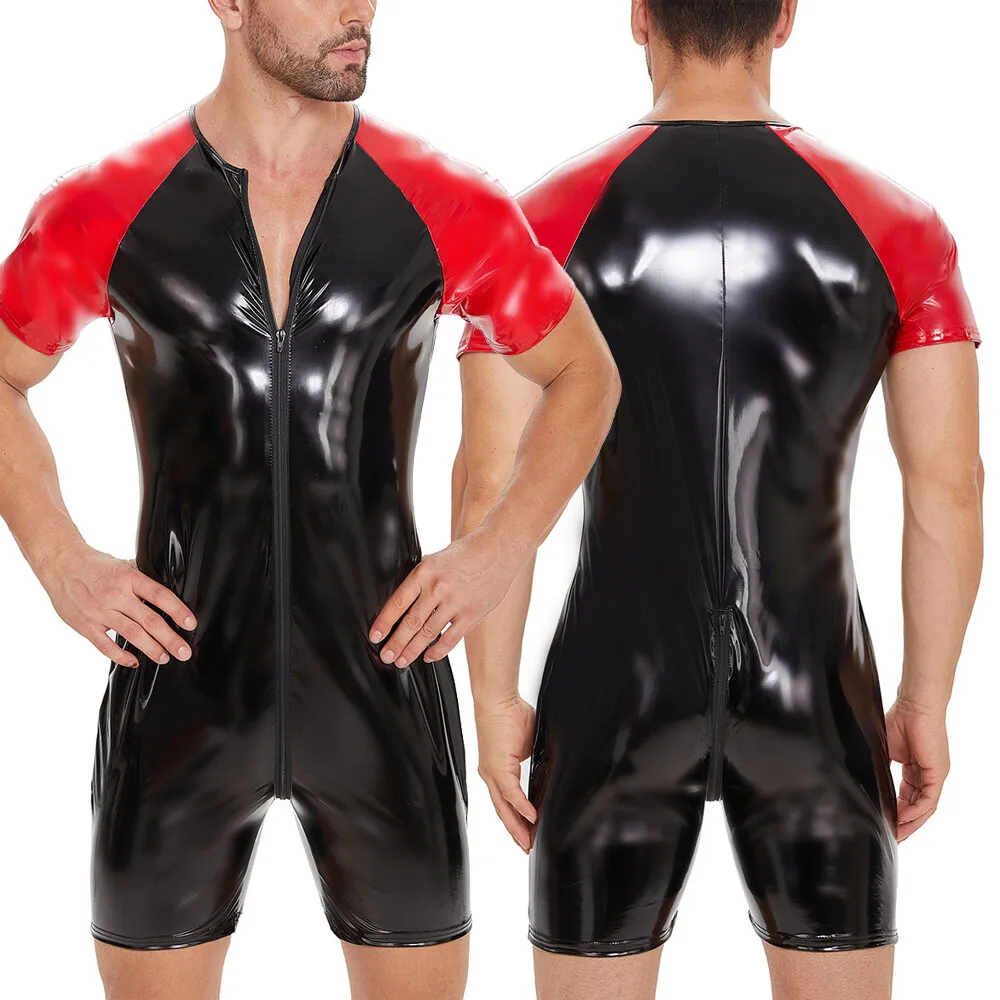 S-7XL Men Shiny PVC Leather Jumpsuit Short Sleeve Sexy Open Crotch Slim Fit Tight Bodysuit Zipper One Piece Catsuit Man Clubwear