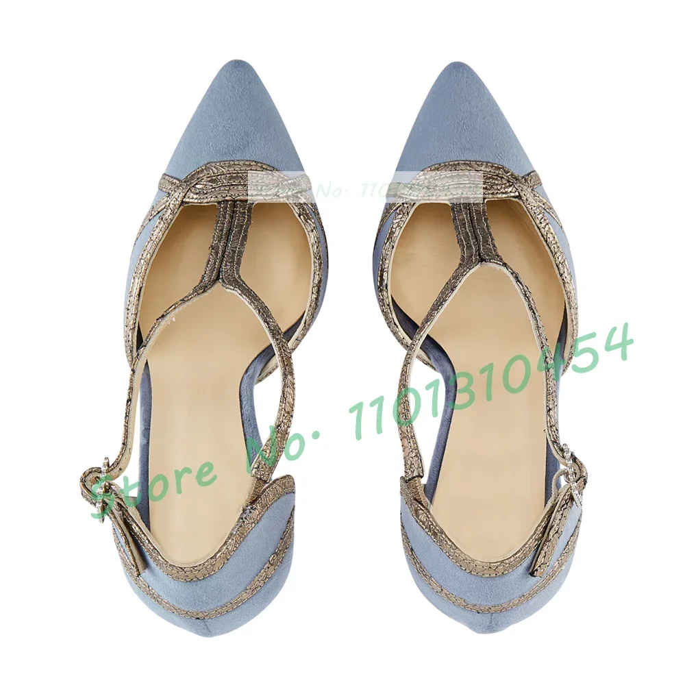 Silver Strap Blue Suede Sandals Women Elegant Closed Toe Cover Heels Shoes Ladies High Heel Central Strip Vintage Dress Sandals