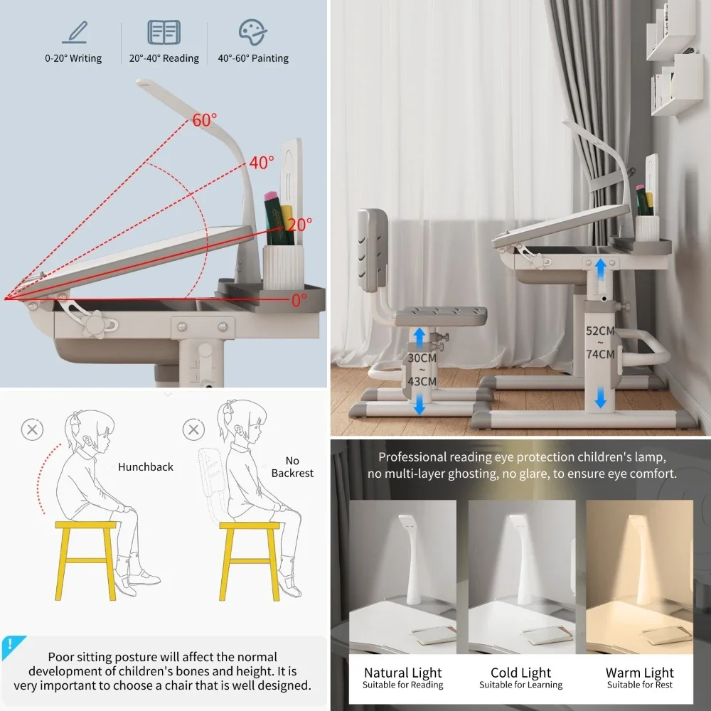 어린이 공부 책상 및 의자 세트, 높이 조절 가능, 어린이 학교 쓰기 기능 공부 테이블, 서랍 램프 책꽂이 포함