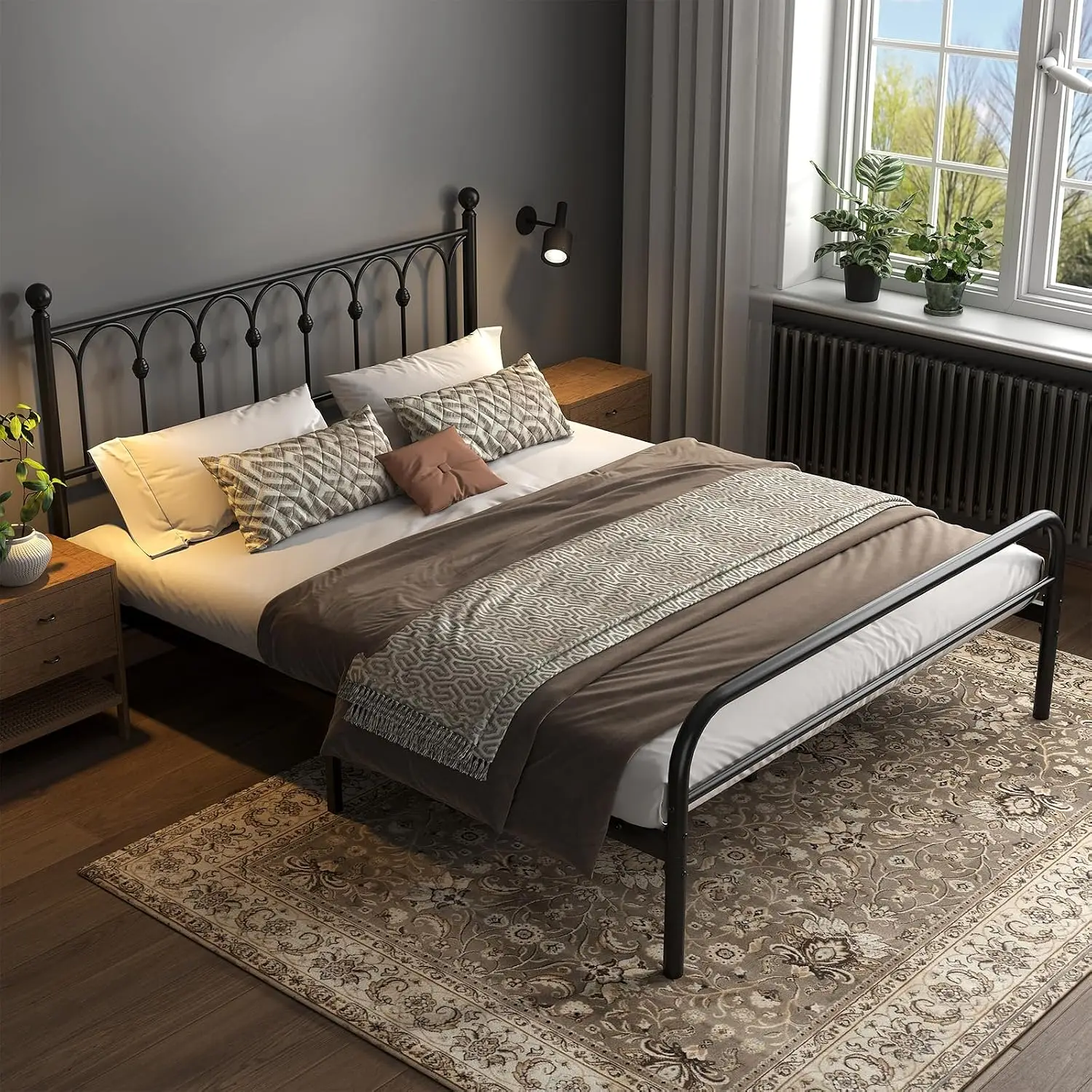 Metal Queen Bed Frame with Headboard, Black Iron Platform Bed Frame, Victorian Style, Stable Steel Slat Support, Customized