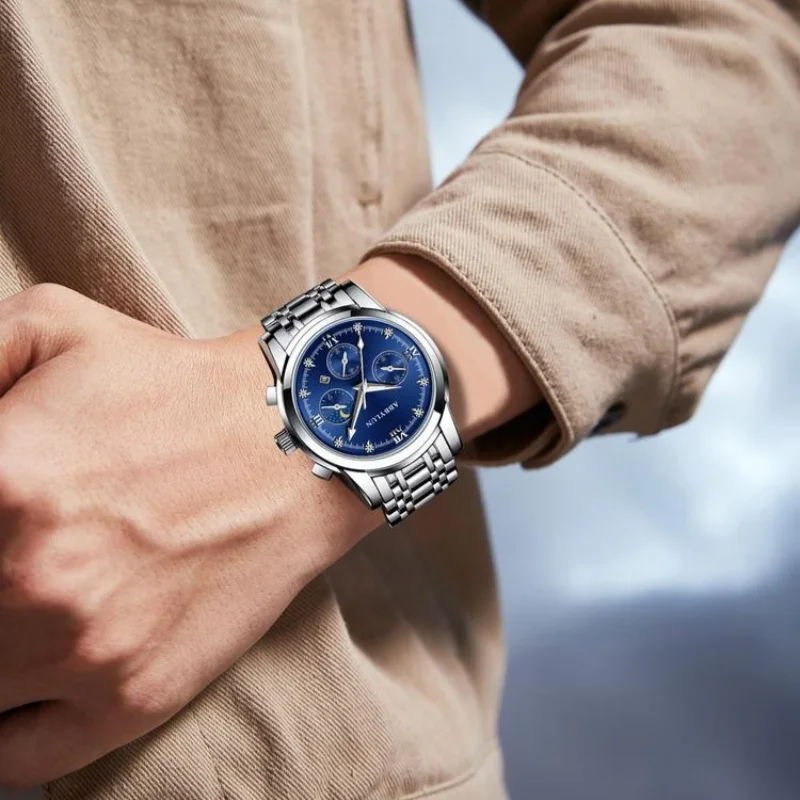 ساعة كوارتز للرجال من Abbylun بقرص أرقام روماني ، ساعة يد للأعمال ، مرحلة القمر ، التاريخ ، جلد مقاوم للماء ،