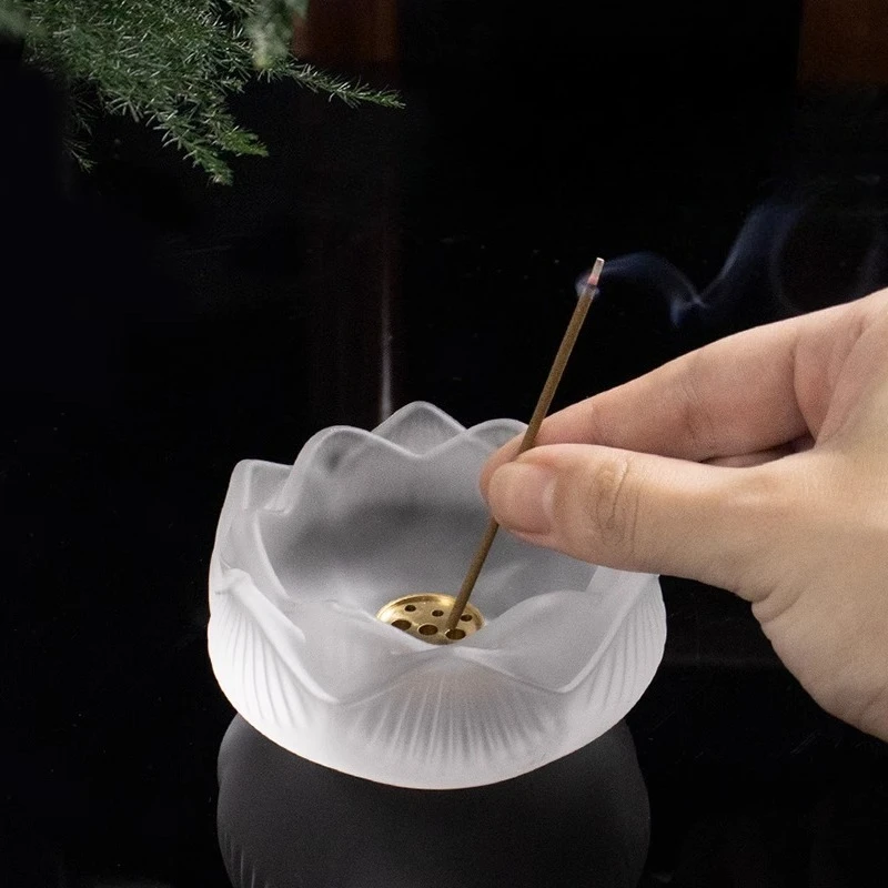 YFY creative crystal glass lotus incense holder - home indoor incense stick holder incense burner, tea ceremony zen ornament