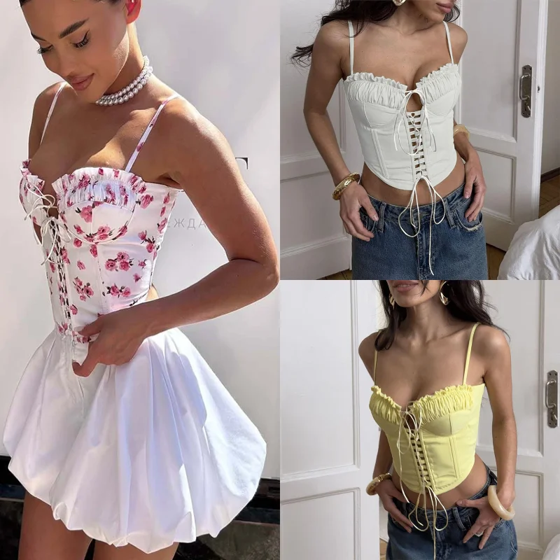 

Корсет без рукавов, укороченные топы, женский топ на шнуровке спереди, Y2K, летние шикарные корсеты на бретелях, бюстье, камзол, клубная одежда, сексуальный жилет