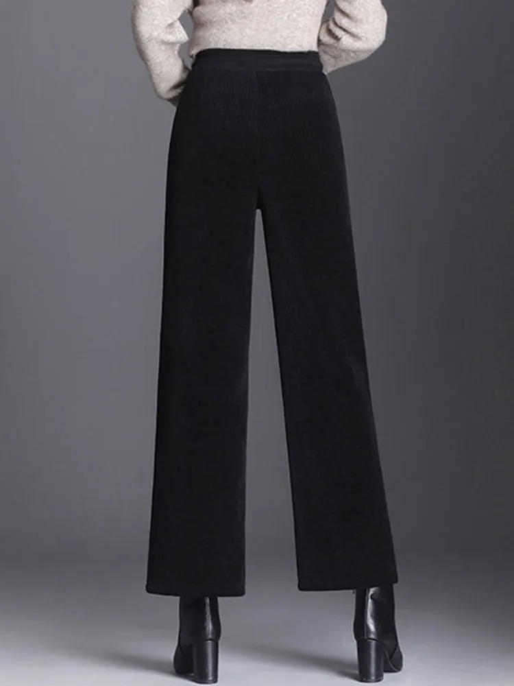 Snow Wear Loose Straight Pants Winter Warm Elastic High Waist Velvet Lined Wide Leg Pantalones Casual Thicken Ankle Length Calca