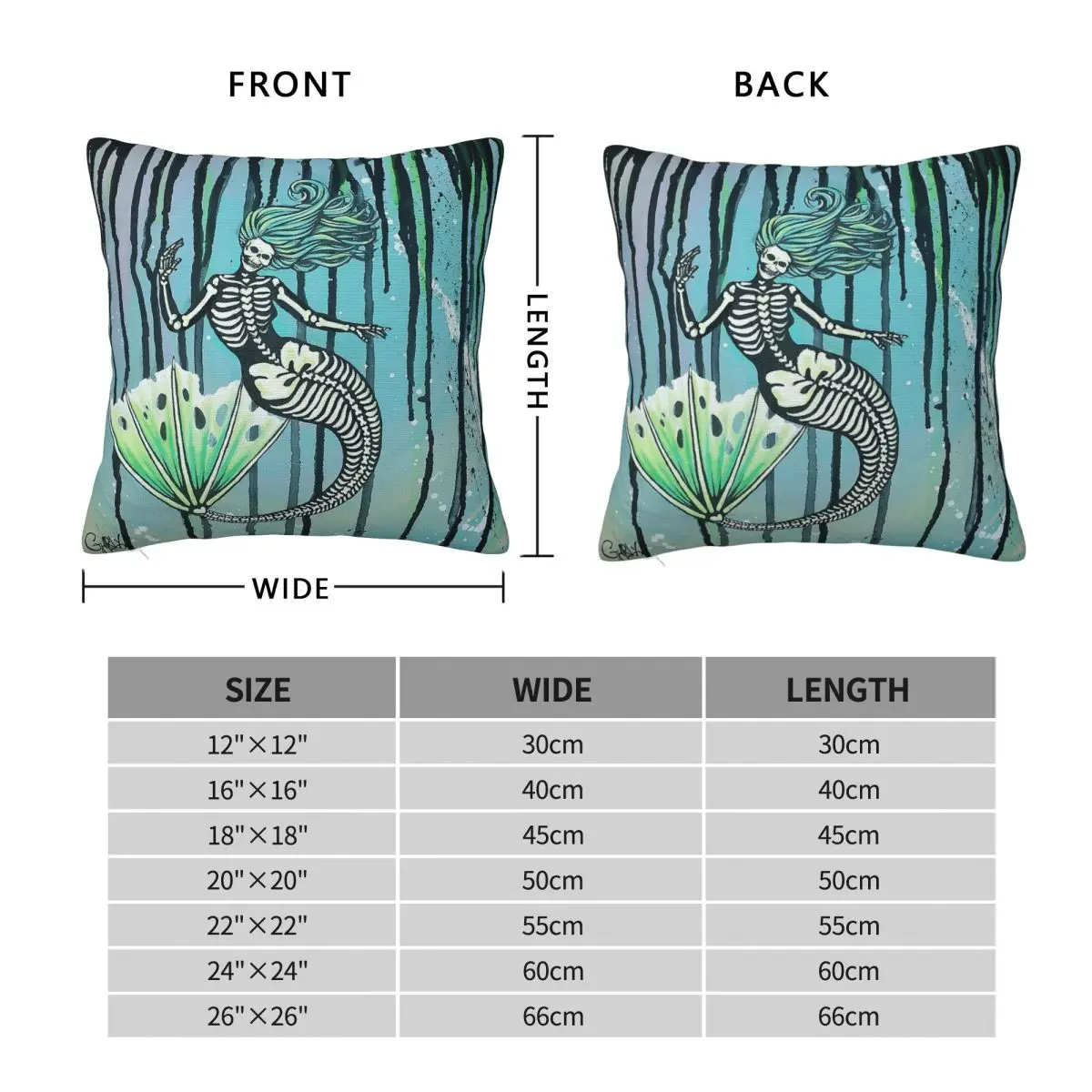 Skeleton Mermaid Square Pillowcase Polyester Linen Velvet Printed Zip Decor Car Cushion Cover