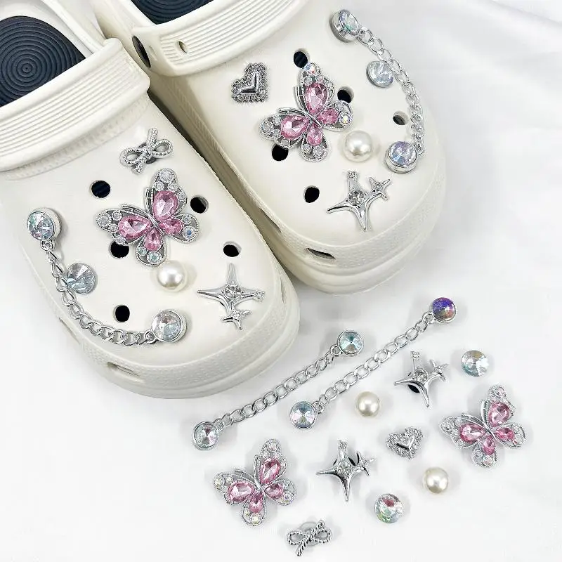 12Pcs Butterfly Shoe Charms DIY Chains Accessories Silvery Heart Star Shoes Buckles Decorations Removable Bling Shoe Clips