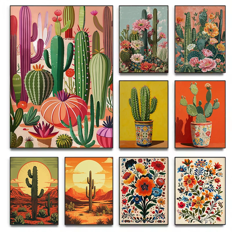 Vintage Mexican Desert Cactus and Flowers Trendy Western Country Aesthetic Poster Canvas Painting Wall Art Pictures Home Deco