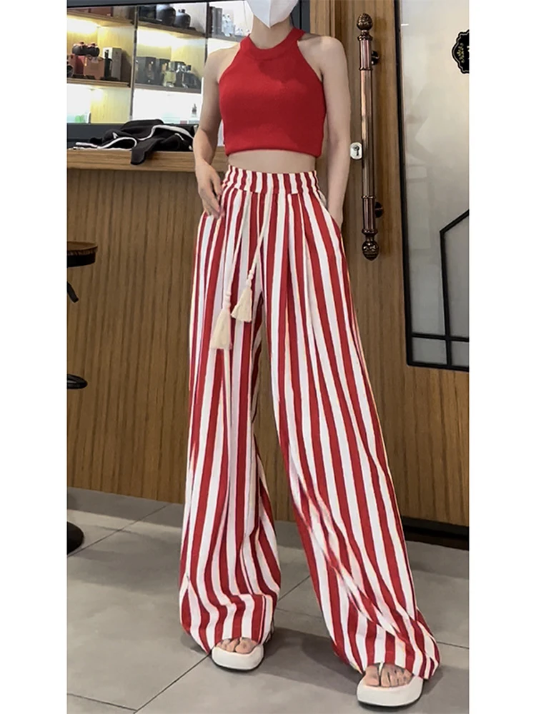 Casual Retro Striped Print High Waist Wide Leg Pants Women\'s Fashion Loose Vintage Soft Full Length Trousers 2024 Summer