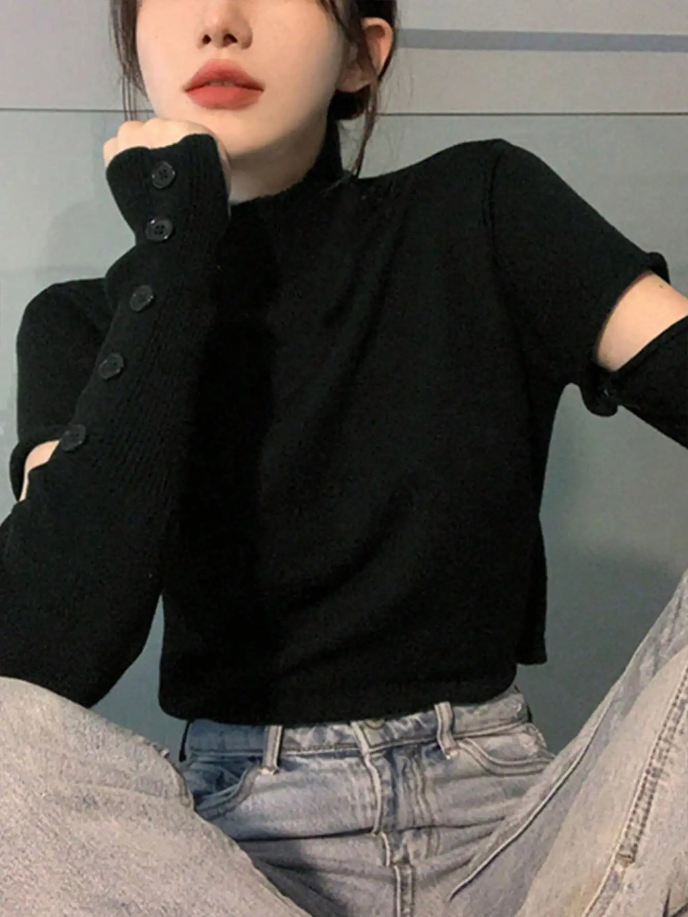 Korean Chic Early Autum Ins Style Sexy Design Half Turtleneck Broken Sleeves Slim Fit Knitwear Top for Women