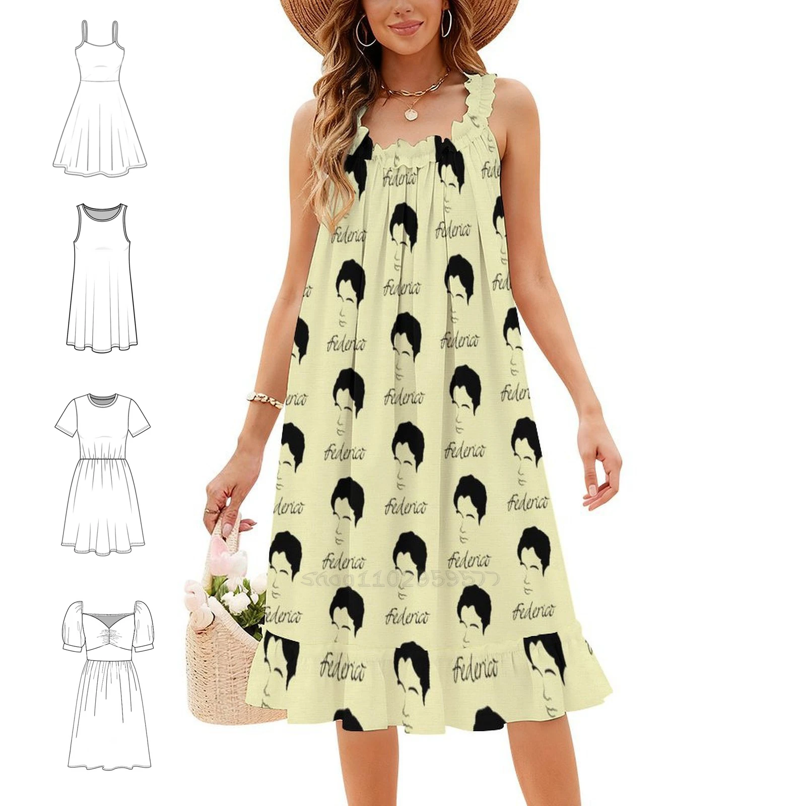 Vestido informal de estilo coreano de Federico García Lorca para mujer, ideal para el día a día y para la oficina, con un diseño sencillo y una silueta inspirada en la figura del poeta y escritor, con una cita poética.