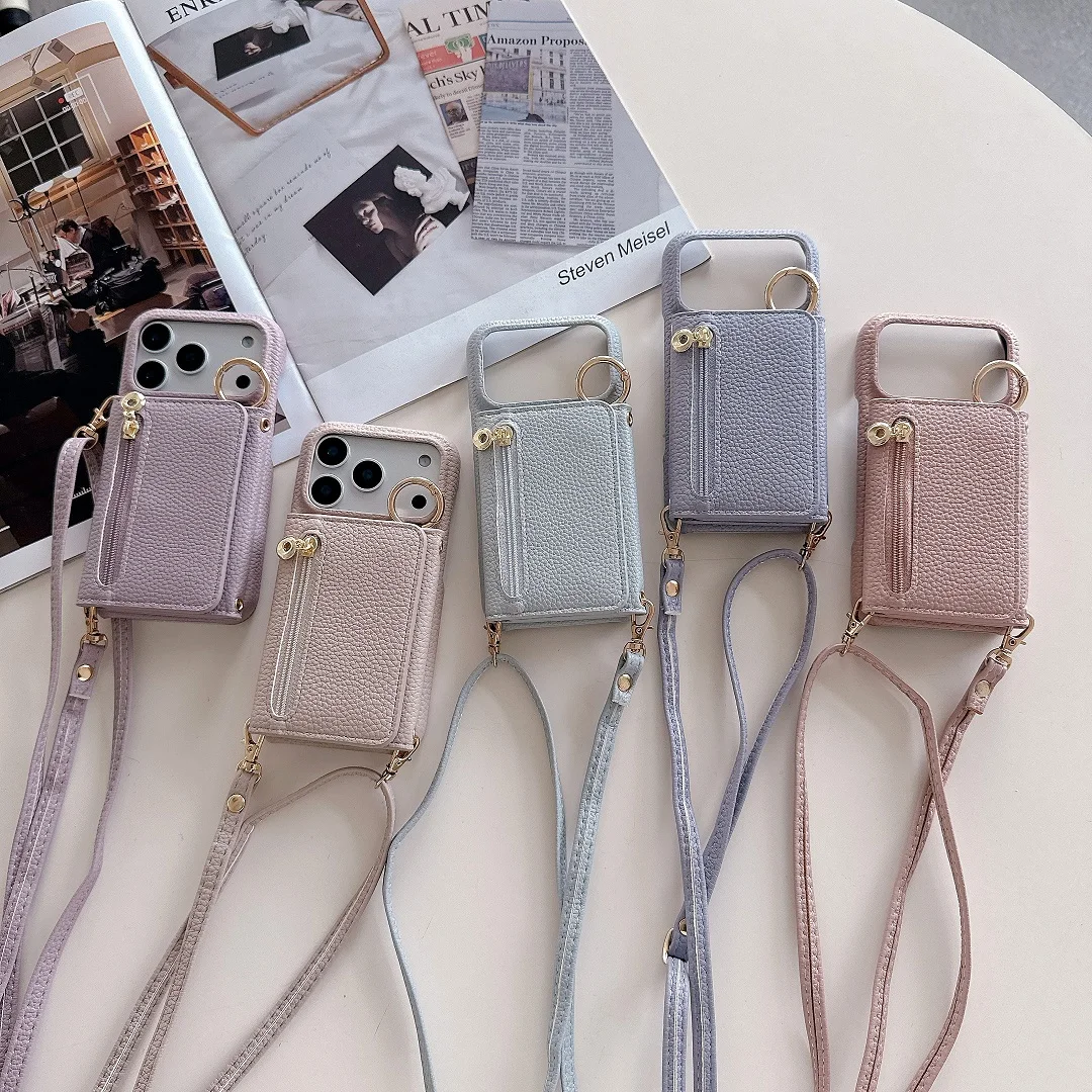 

Luxury Crossbody Zipper Leather Card Holder Wallet Case For iPhone 12 13 14 15 16 17 Pro Max Plus Purse Phone Cover With Ring