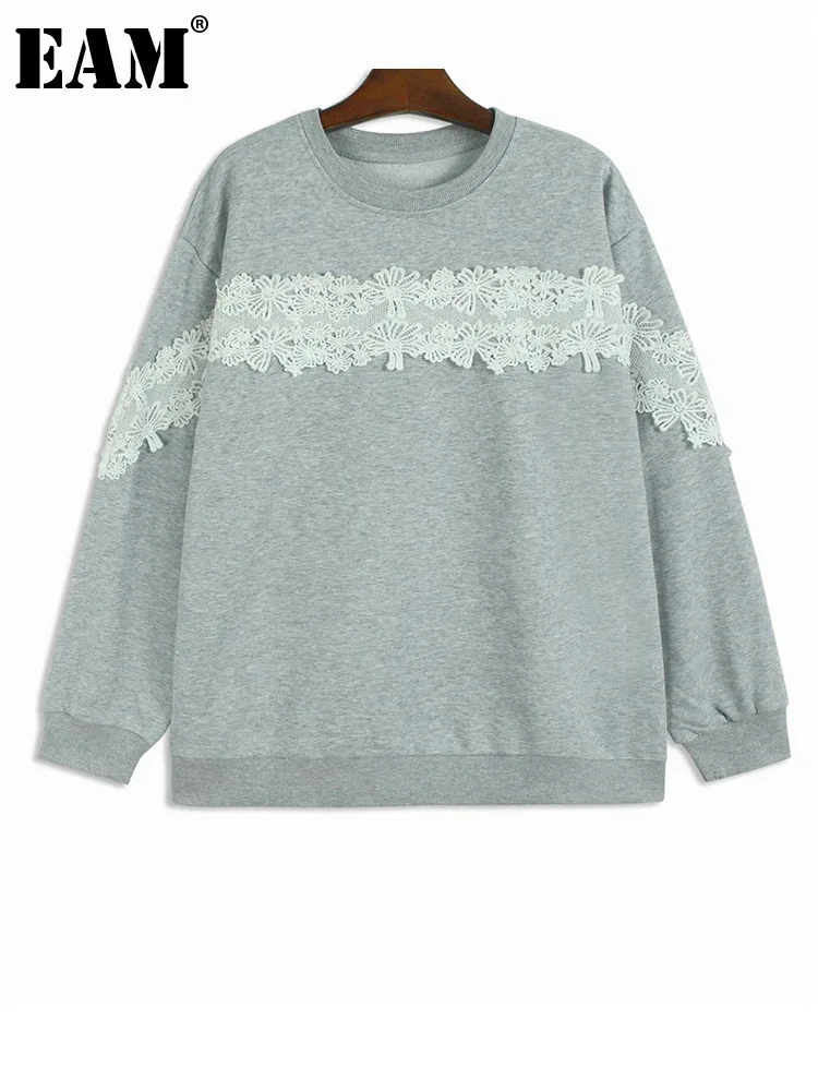 

[EAM] Gray Lace Spliced Casual Sweatshirt New Round Neck Long Sleeve Women Big Size Fashion Tide Spring Autumn 2023 1DH6933