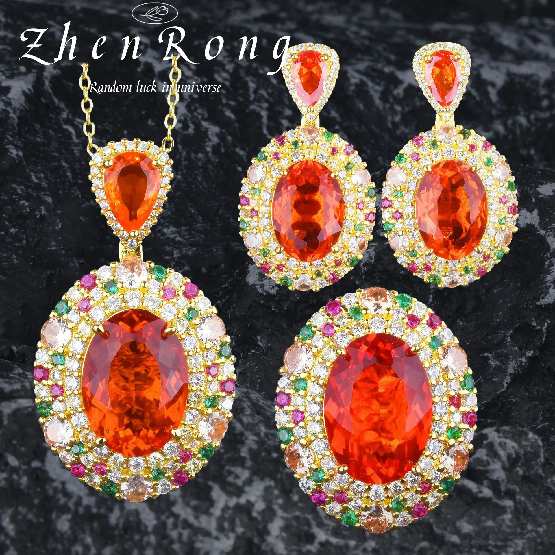 Secret Garden Series Oval Fanta Orange Gemstone Pendant Necklaces Earrings Rings For Women Vintage Party Wedding Jewelry Sets