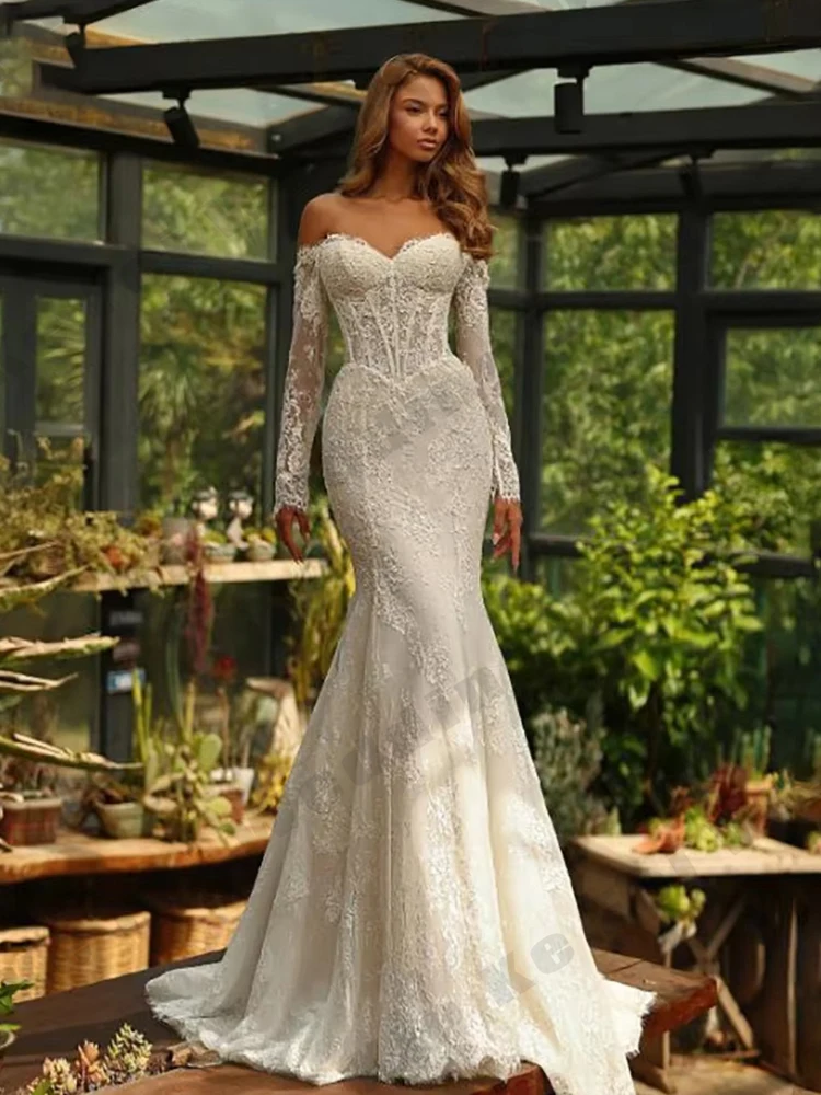 2026 فساتين زفاف نسائية رائعة مثيرة بدون أكتاف حورية البحر كم طويل دانتيل الأميرة فساتين زفاف رسمية مخصصة للحفلات #3