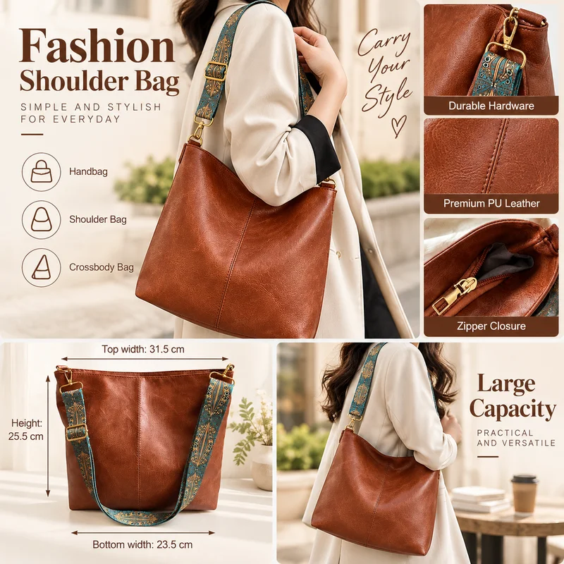 Vintage Solid Color Bucket Bag Wide Strap Crossbody Bag Large Capacity Women Daily Shoulder Handbag