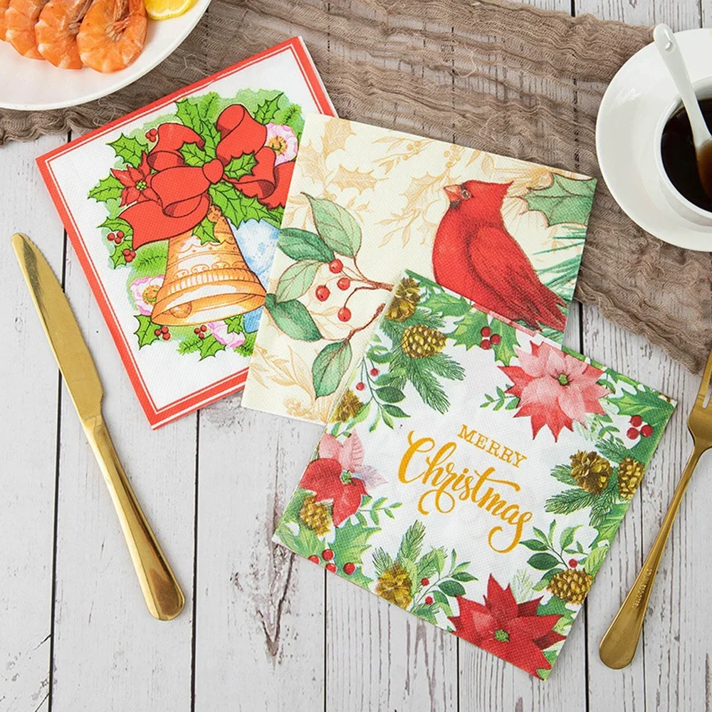 Christmas Printed Napkins | Plant & Bird Design Virgin Wood Pulp 2-Ply Thick Soft Colorful Baby-Safe Paper Napkins