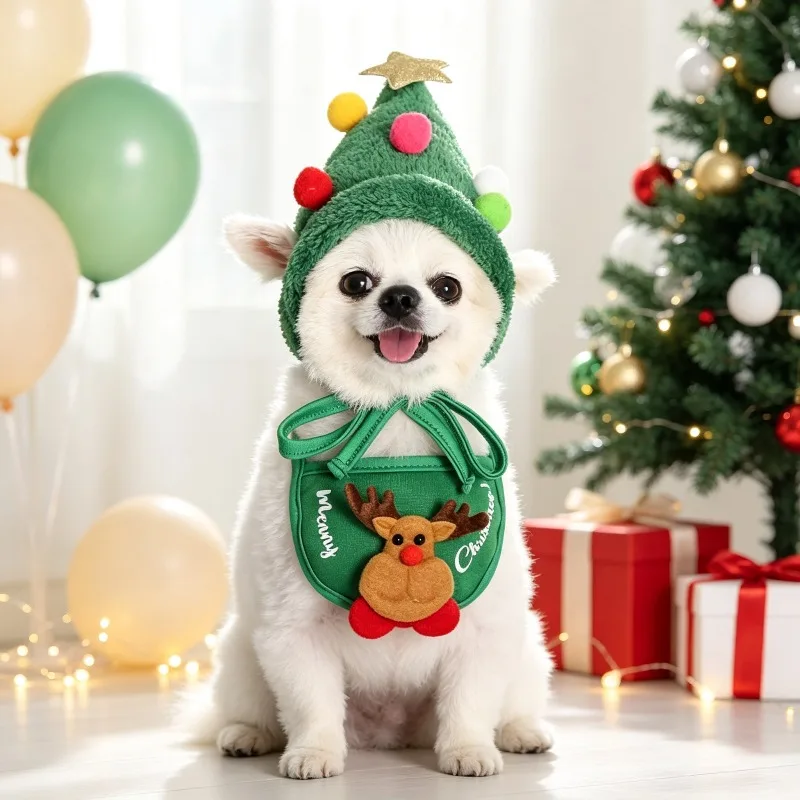 Christmas Two Piece Pet Set Winter Supplies Pet Hat Cat Garment Dog Bib Saliva Towel Holiday Dress Up Kit For Pets