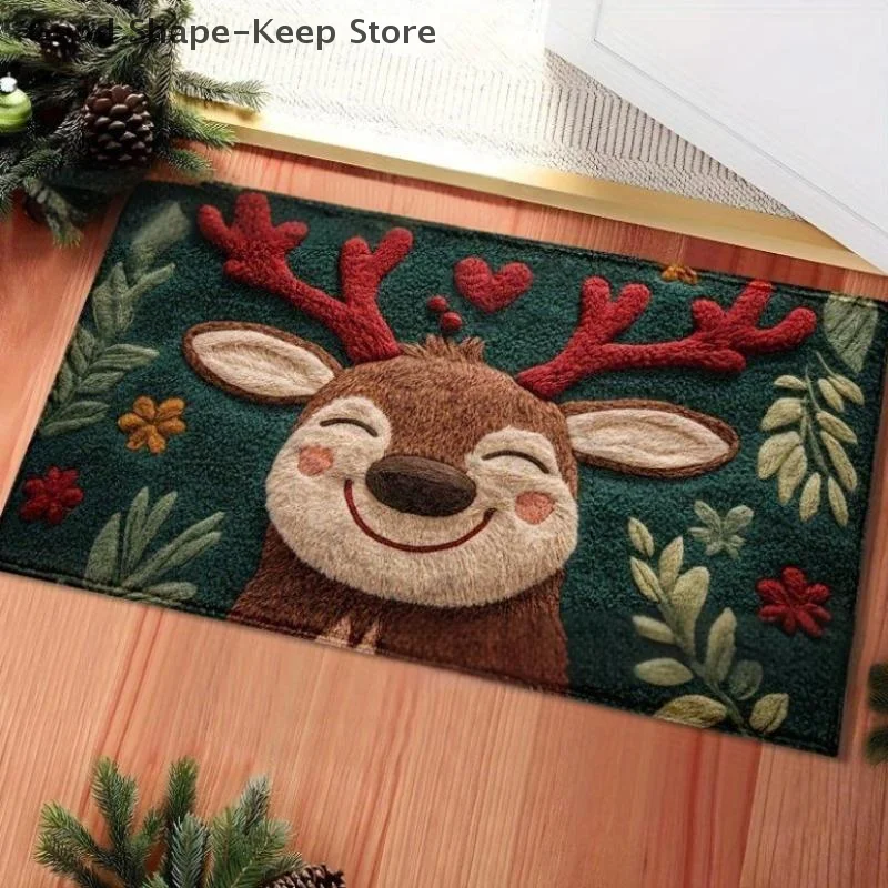 1pc Festive Holiday Design With Red Berries & Green Leaves Fluffy Christmas Deer Microfiber Bath Mat - Quick-Dry & Absorbent