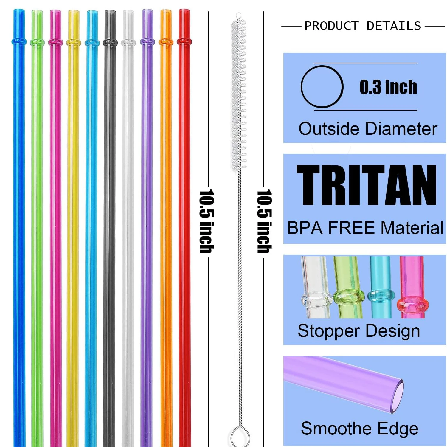 10.5 in Rainbow Colored Reusable Tritan Plastic Replacement Straws for 16 OZ 20 OZ 30 OZ Stanley, Set of 10 with Cleaning Brush - view 2