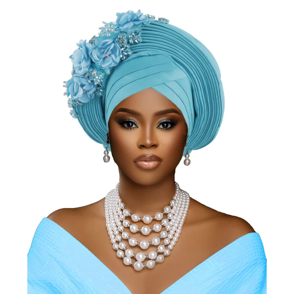 

Flower Turban Cap Nigerian Wedding Geles Beads Bonnet African Auto Gele Headties Women Muslim Hijab Headscarf Head Wrap Headgear
