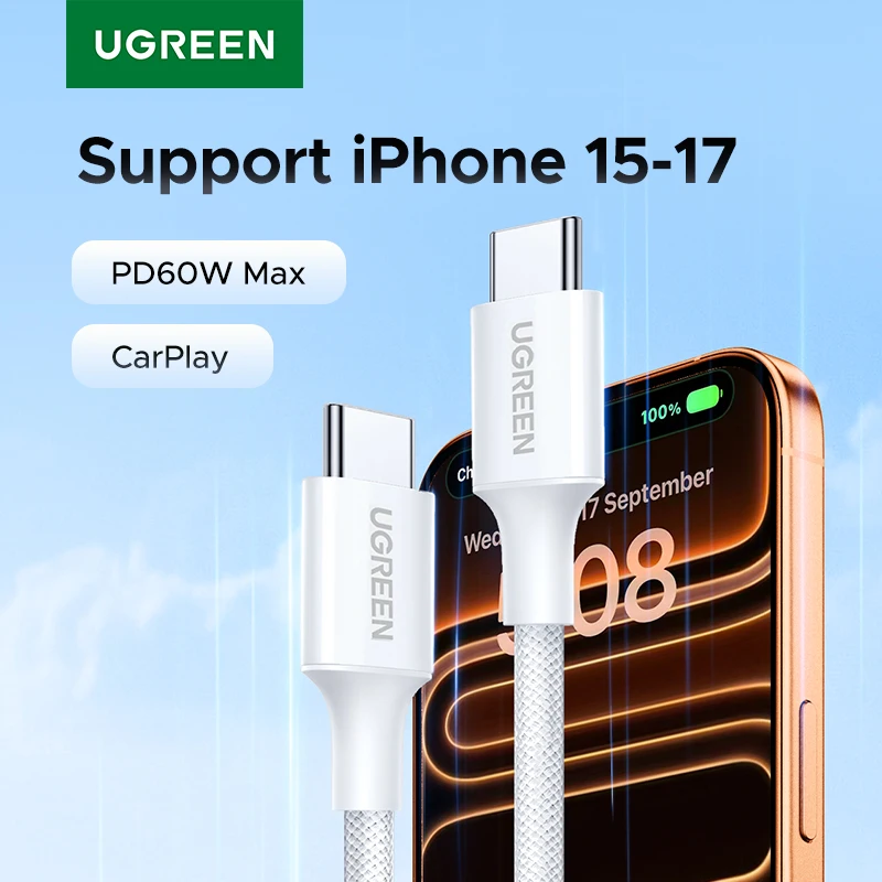 UGREEN USB-C Cable PD60W Type-C to Type-C Fast Charging Cable for iPhone 15-17 Samsung S25 iPad CarPlay Cord