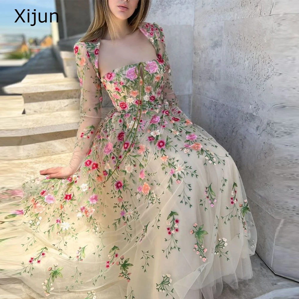 XIjun  Lace Appliques Prom Dresses Long Sleeves Evening Dress Formal Ankle Length Party Dress 2023 Elegant Occasion Prom Gowns