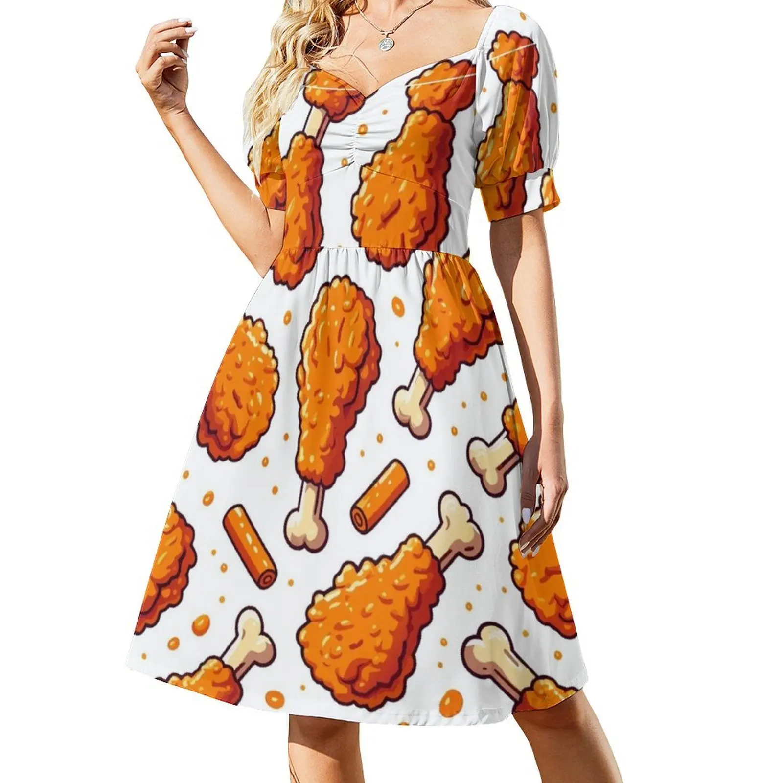 فستان قصير على شكل دجاجة مقلية مقرمشة على طراز بريبي للنساء على شكل حرف a فضفاض مناسب فستان يوم غير رسمي دجاج مقلي مقرمش