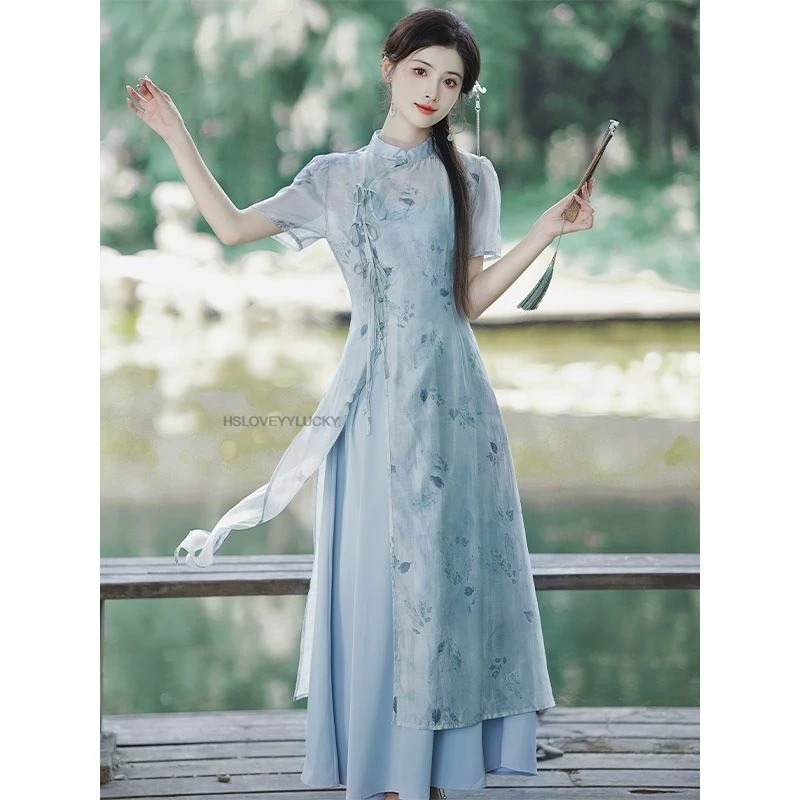 

New Chinese Style women's Clothing Retro Zen Style New Fairy Suspender Dress Floral Blue Fairy Cheongsam Improved Qipao Dress