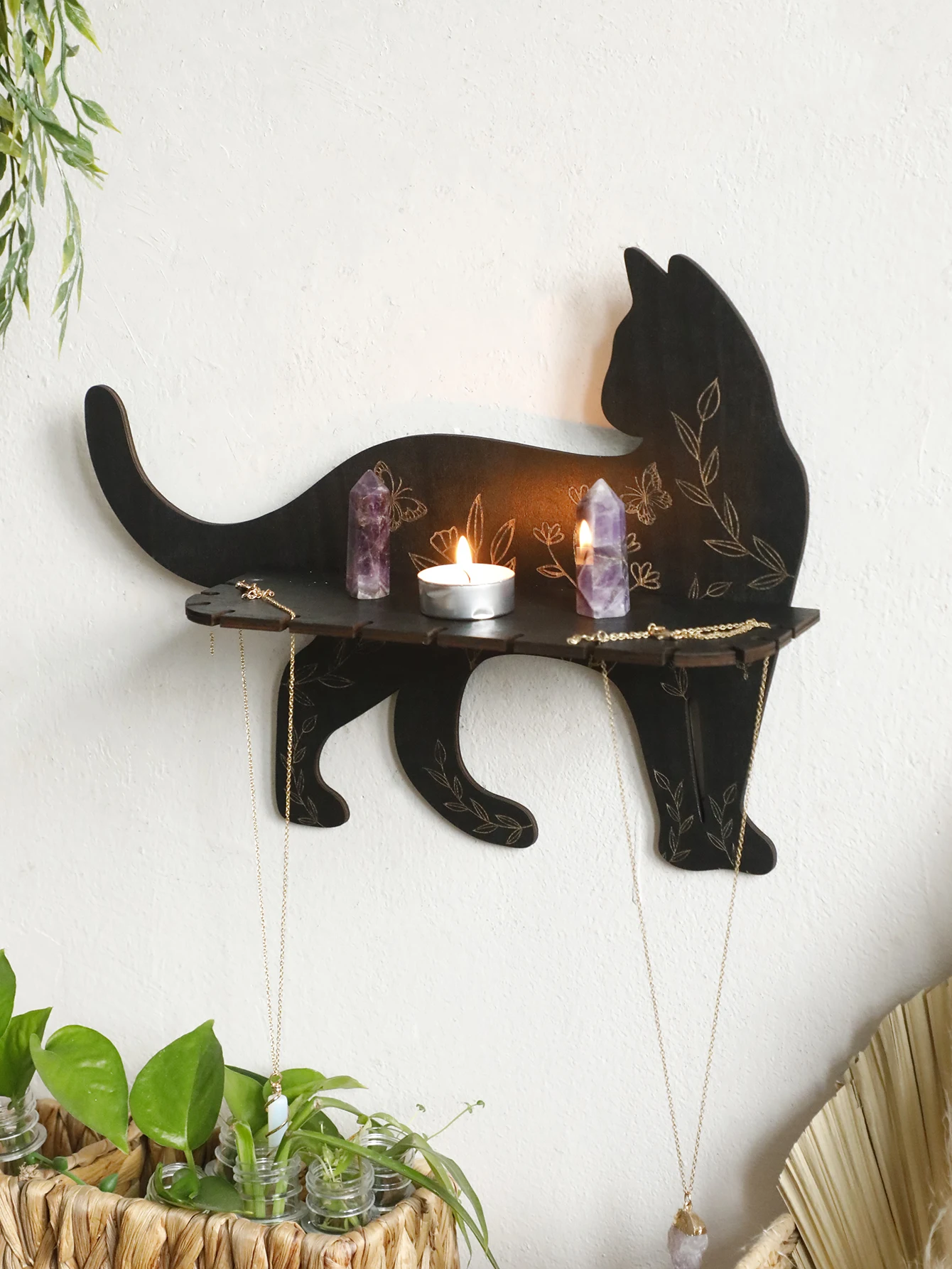 1Pc Black Cat Wall Shelves with Flower Pattern, Floating Wall Shelf, for Placing Crystals, Essential Oils Aromatherapy Stones